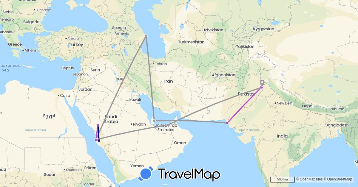 TravelMap itinerary: driving, plane, train in United Arab Emirates, Azerbaijan, Pakistan, Qatar, Saudi Arabia (Asia)